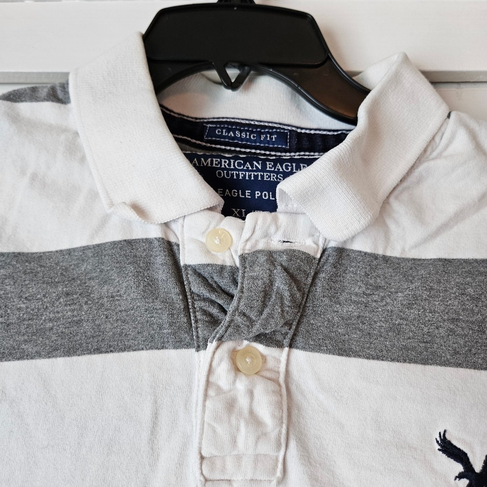 American Eagle Long Sleeve Gray White Striped Eagle Polo Mens XL Rugby Preppy - Picture 5 of 6